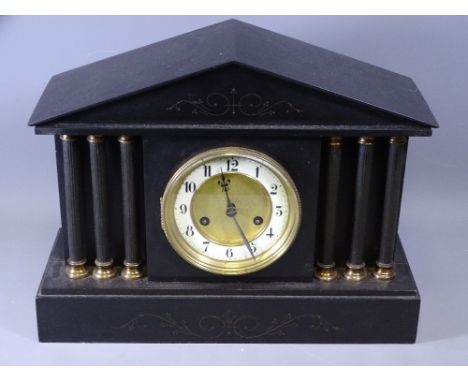 SLATE MANTEL CLOCK WITH STEEPLE TOP, 32cms H, 42cms W, 17cms D