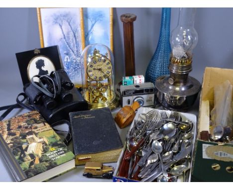 DOME COVERED ANNIVERSARY MANTEL CLOCK, oil lamp, Art glass, plated cutlery ETC