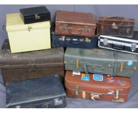 VINTAGE LUGGAGE, TEN ITEMS including a dome top iron and wooden banded trunk, 59cms H, 72.5cms W, 49cms D