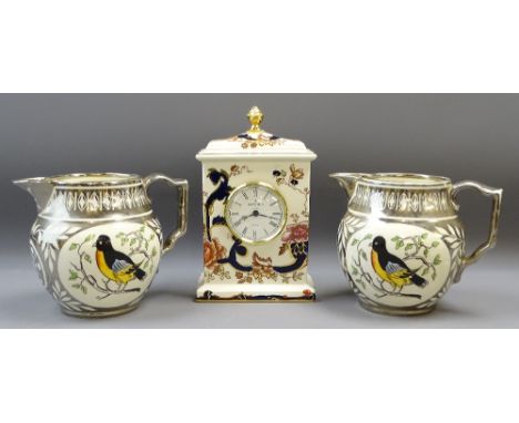 MASONS BLUE MANDALAY MANTEL CLOCK, 22cms H, with two Gray's pottery jugs