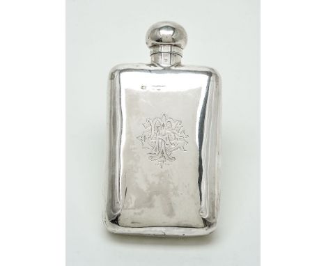 A late Victorian silver rounded rectangular spirit flask by Alexander Clark, London 1893, with a hinged bayonet fitting cover