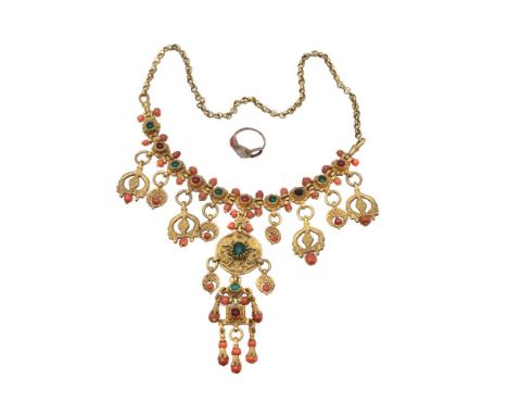ϒA gilt metal coral and paste necklace, the circular panel set with a circular cabochon green paste, suspending a fringe of c
