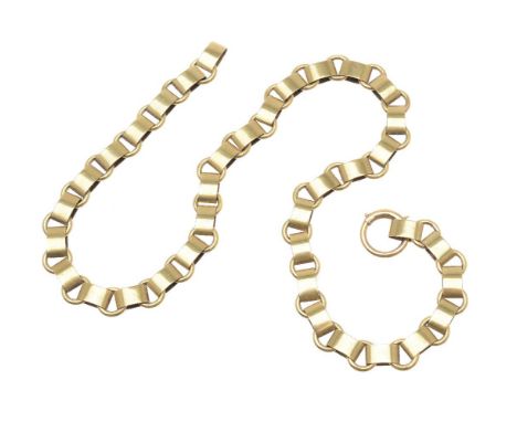 A Victorian gold coloured necklace, circa 1880, the polished panel links with circular links between, to a ring bolt clasp, 4