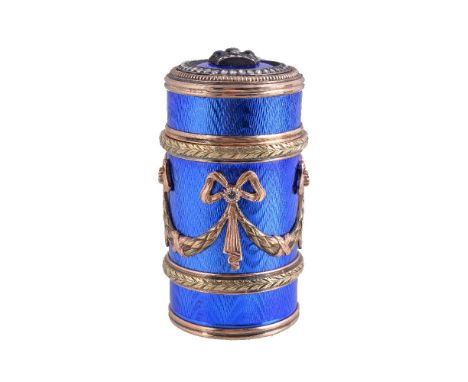 A Continental gold coloured, enamel and gem set box, bearing pseudo Russian hallmarks including that of Fabergé, second half 