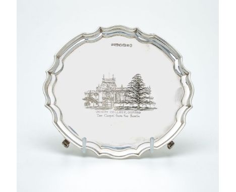 A silver shaped circular waiter by James Dixon &amp; Sons Ltd, Sheffield 1977 (jubilee mark), engraved with a titled view Tri