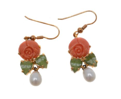 ϒA pair of coral and nephrite earrings, the coral carved as a rose, with carved nephrite leaves, suspending a freshwater cult