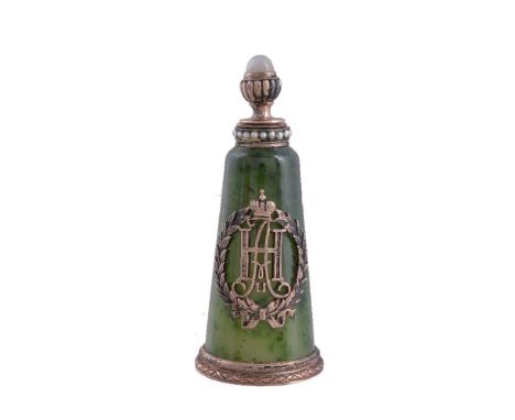 A Continental gold coloured, nephrite and gem set scent bottle, bearing pseudo Russian hallmarks including that of Fabergé, s