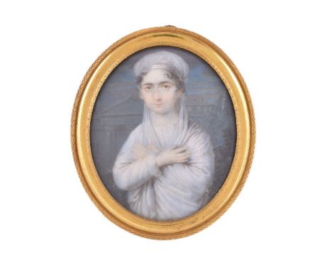 ϒItalian School, circa 1810, portrait of a young lady dressed as a Vestal Virgin before a classical building, watercolour on 