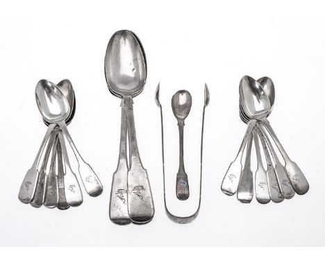 A collection of Irish silver fiddle pattern flatware, Dublin 1828-1832, engraved with a crest, 591g (19 oz) gross (17)