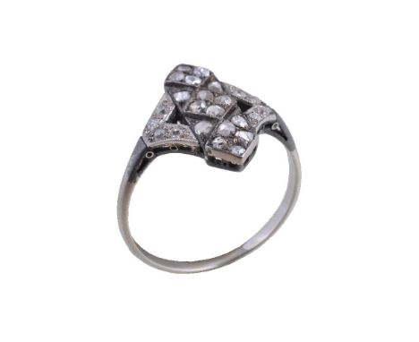 A diamond ring, the panel set with rose cut diamonds, between old cut diamond set shoulders, finger size R 1/2
