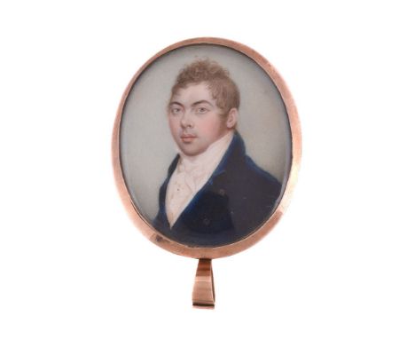 ϒSampson Towgood Roche (1759-1847), portrait of a young gentleman wearing a blue coat, watercolour on ivory, inscribed verso 