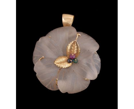 A rock crystal and gem set flower head pendant, the carved rock crystal flower head centrally set with a ruby, sapphire and e