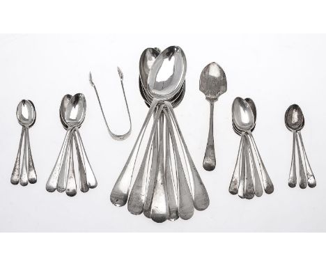 A collection of silver old English pattern flatware, including: six table spoons by Joseph Rodgers &amp; Sons, Sheffield 1925