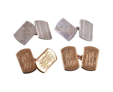 A pair of mid 20th century 9 carat gold cufflinks, rectangular panels with rounded ends engraved with CRRH, with belcher link