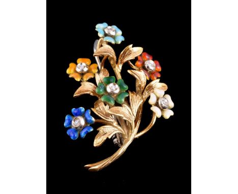 An enamel and diamond floral spray brooch, the foliate spray with vari coloured enamel flower heads, each set with an eight c