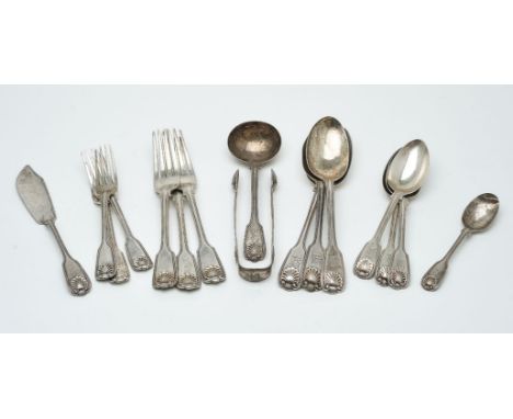 A William IV silver fiddle, thread and shell pattern part table service, the majority by Mary Chawner, London various dates, 