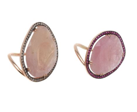 A diamond and sunstone ring, the sunstone panel claw set within a surround of circular cut rubies, finger size K 1/2; and a f