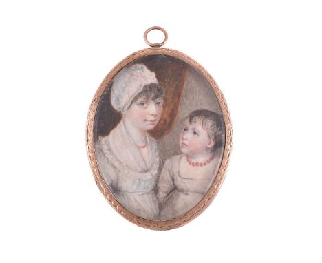 ϒIrish School, circa 1800, double portrait of two sisters before drapery, watercolour on ivory, 6.9cm x 5.3cm, oval, in a gil