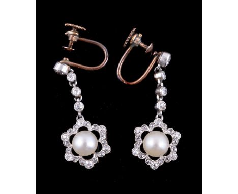 A pair of early 20th century button pearl and diamond ear pendants, the pierced flowerhead terminals centred with button pear