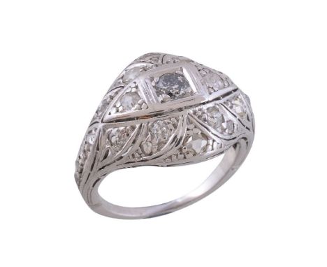 A diamond ring, the central old brilliant cut diamond, within a surround set with old cut and rose cut diamonds, approximatel