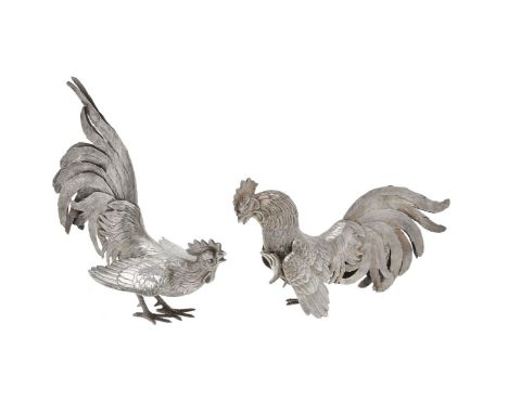 A pair of Continental silver cockerels, import marked for London 1965, sponsor's mark of Israel Freeman &amp; Son Ltd, modell