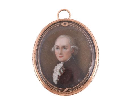 ϒIrish School, circa 1780, portrait of a gentleman wearing a burgundy coat, watercolour on ivory within a plaited hair border