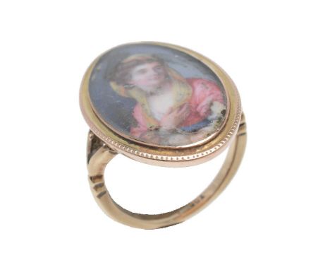 An antique and later miniature panel ring, the marquise shaped panel with the portrait of a lady wearing a pink dress with ye