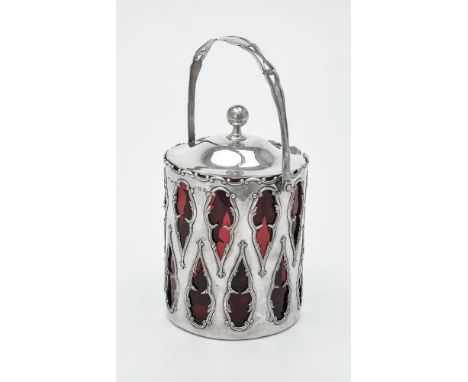 An Edwardian silver cylindrical biscuit barrel by Henry Williamson Ltd, Birmingham 1906, with a ball finial to the domed cove