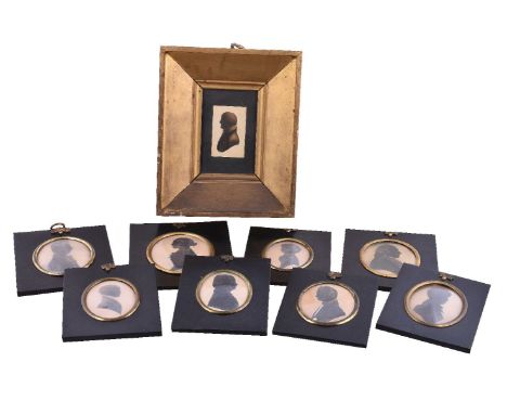 Nine various portrait silhouettes, early 19th century, some bronzed, mainly oval, black papier mache frames and one gilded re