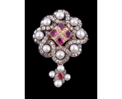 A Victorian ruby, diamond and pearl brooch, the central square section set with square cut rubies and rose cut diamonds, with