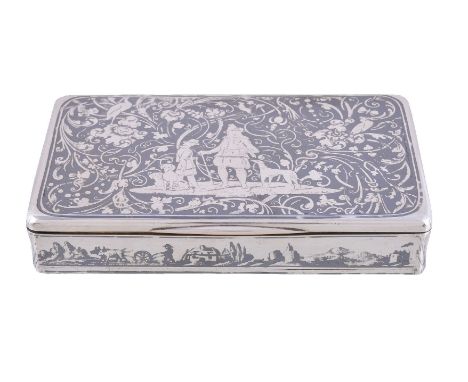 A French silver and niello rectangular snuff box, maker's mark illegible, 1838-1972 2nd standard, mid 19th century, the cover