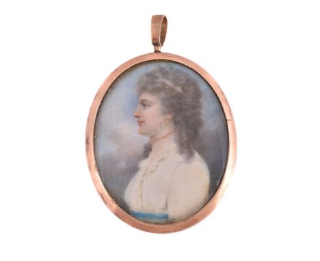 ϒCircle of Adam Buck, circa 1790, portrait of a young gentleman wearing a blue coat, portrait of a young lady wearing a white