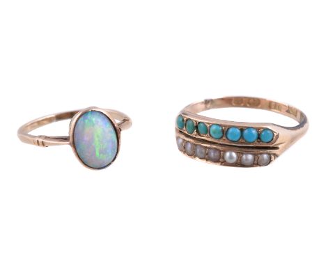 An opal ring, the oval cabochon opal in a collet setting, finger size E; and a turquoise and pearl ring, stamped 15 with Birm