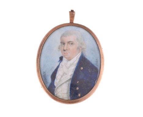 ϒA. J. Nunes (fl. 1778-1799), portrait of a gentleman wearing a blue coat, watercolour on ivory, signed middle left, dated 17