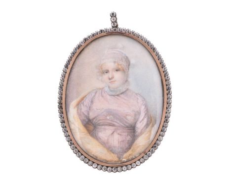 ϒEnglish School, circa 1800, portrait of a young lady wearing a lilac dress and a yellow shawl, watercolour on ivory, 9cm x 6