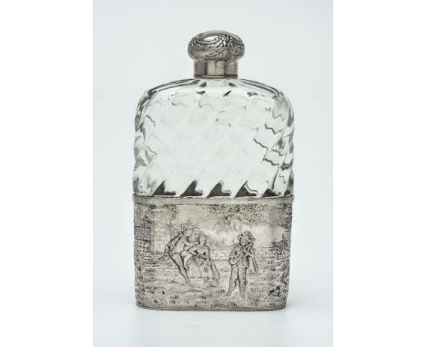 A German silver mounted wrythen moulded glass spirit flask by Storck &amp; Sinheimer, Hanau, 1874-1926, the cup base with fig