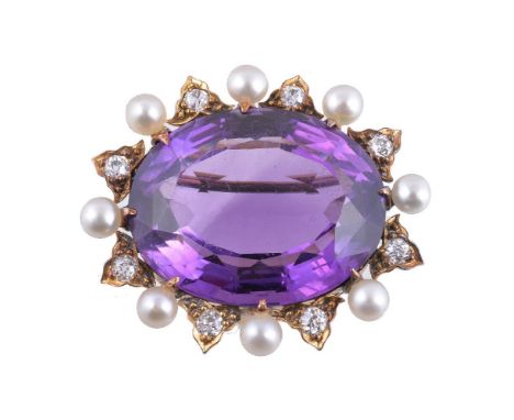 A late Victorian amethyst, diamond and pearl brooch, circa 1900, the oval cut amethyst claw set within a surround of alternat