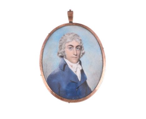 ϒThomas Le Hardy (fl. 1794-1802), portrait of a gentleman wearing a blue coat, watercolour on ivory, signed and dated Le Hard