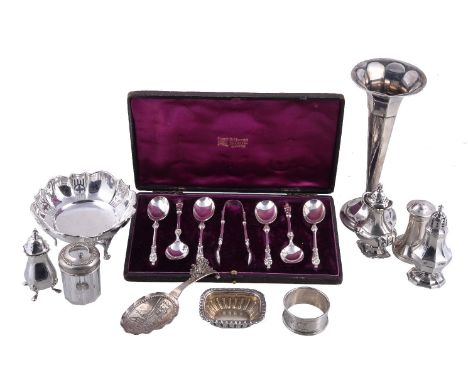 A collection of silver items, including: a vase by James Deakin &amp; Sons, Sheffield 1916, 18cm (7in) high, loaded; a sweet 