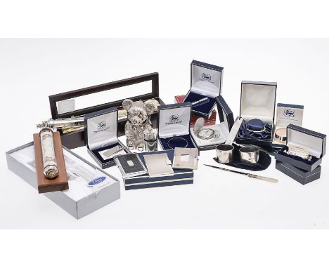 A selection of modern small silver, silver mounted and silver plated items, including: a cylindrical money box by Hersey Silv