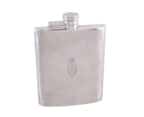 A silver rounded rectangular spirit flask, maker's mark worn, Chester 1939, the captive bayonet cap engraved C.J.O, engine tu