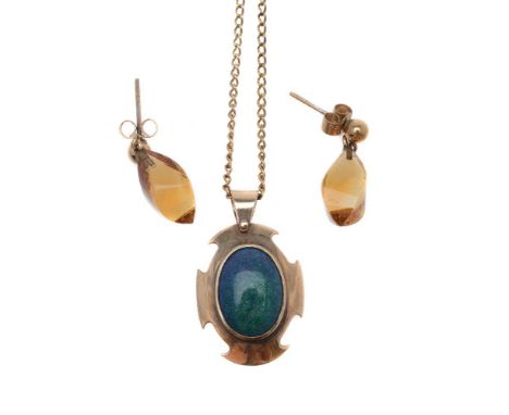 An early 20th century opal pendant, the oval cabochon opal within an Arts and Crafts style lobed setting, stamped 9c, 2.8cm l