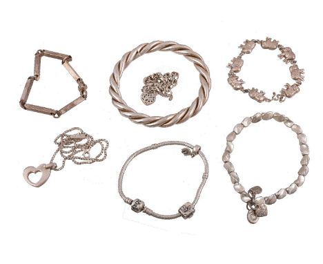 A silver bracelet by Pandora, together with five further bracelets and a necklace