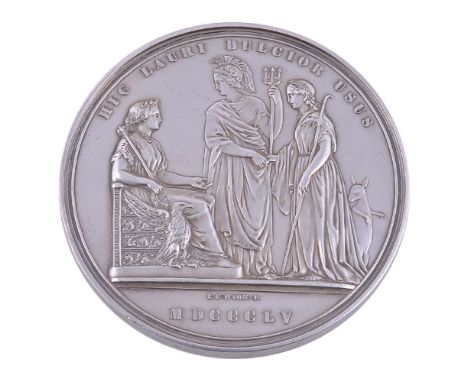 Australia, Sydney, Products of New South Wales 1854, silver medal by L. C. Wyon, Britannia standing between two female figure