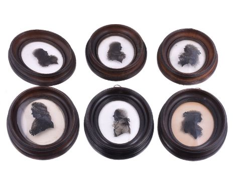 Mrs Isabella Beetham (circa 1753-1825), six portrait silhouettes reverse painted on glass, two with broken trade labels paste
