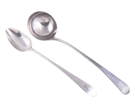 A George III silver old English soup ladle by Thomas Wallis II, London 1804, engraved with a crest, 33.5cm (13 1/4in) long; a