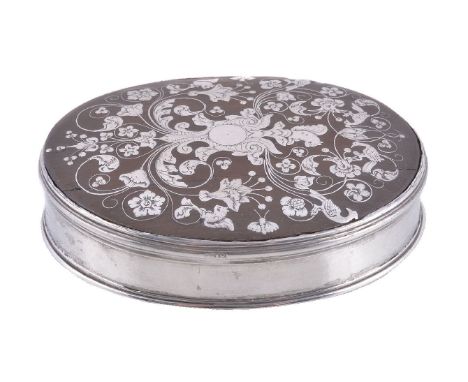 ϒA silver and tortoiseshell oval snuff box, unmarked, early 18th century, the cover with piqué work on wood of a cartouche su