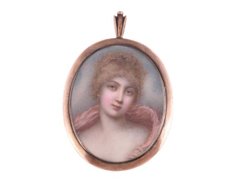 ϒAttributed to Miss Catherine Gertrude Cruikshank, portrait of a young lady with a pink stole, watercolour on ivory, 5.5cm x 