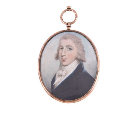 ϒWilliam Thicke (fl. 1787-1814), portrait of a young gentleman wearing a blue coat, watercolour on ivory, 7.2cm x 5.7cm, oval