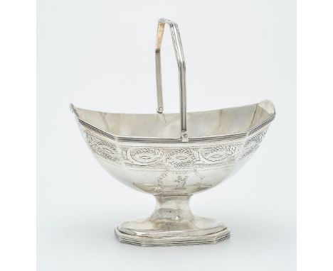 A George III silver canted-rectangular pedestal sugar basket by Robert Hennell I, London 1792, with a moulded swing handle, a